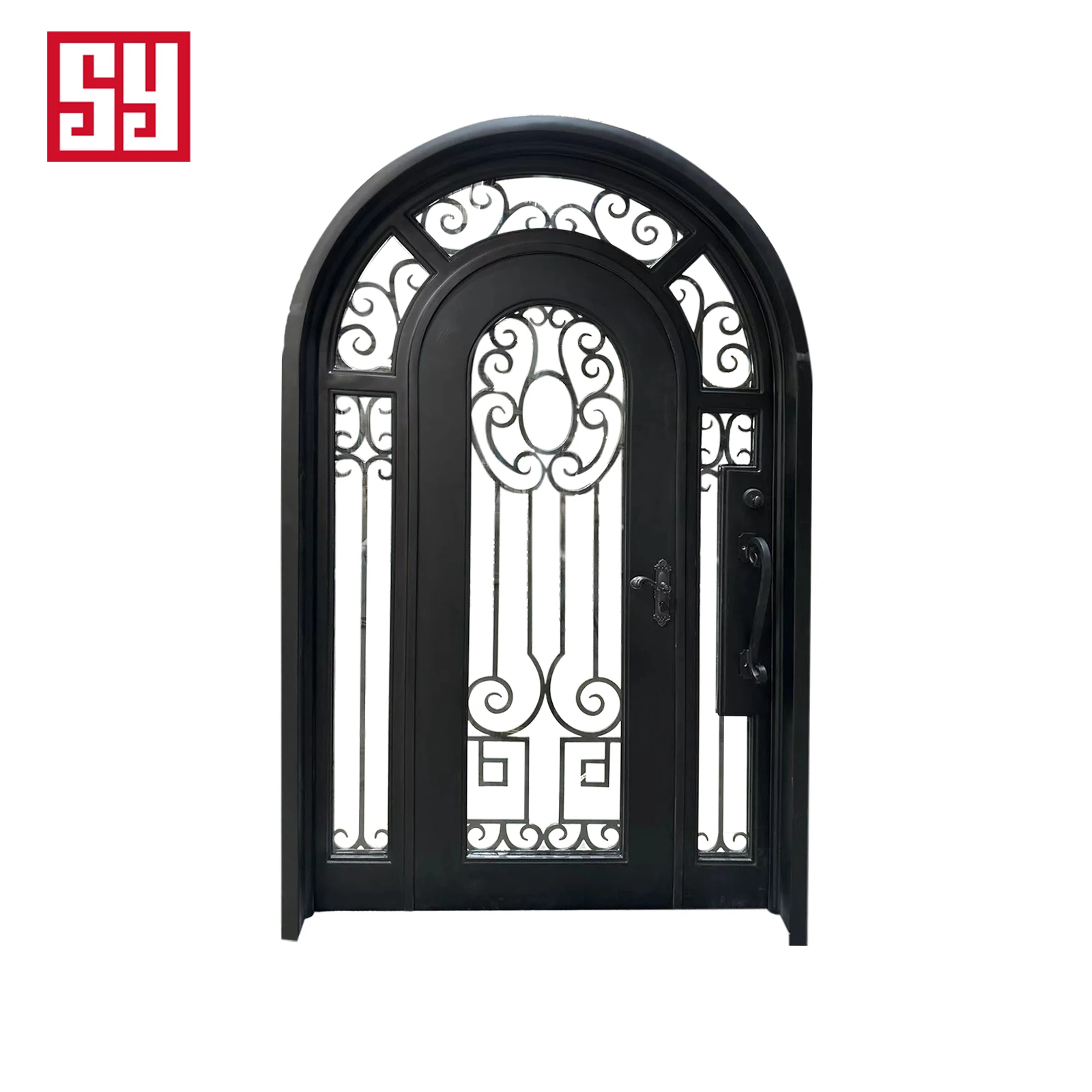 Single Wrought Iron Anti-Theft Modern Entry Door with Operable Sidelight Window for Apartment and Villa Exterior Use