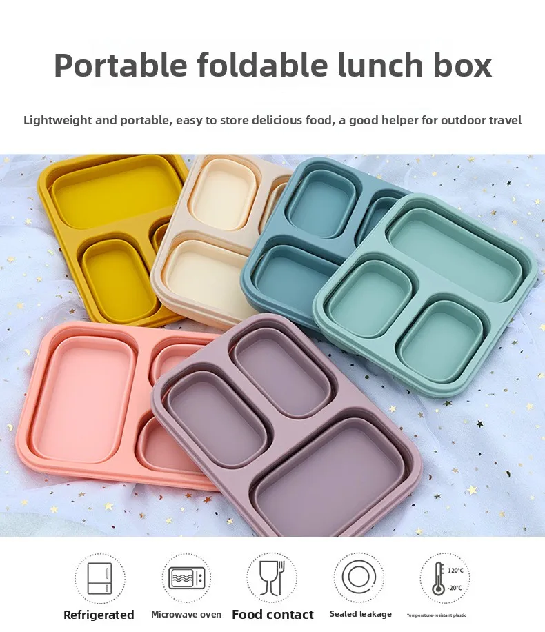 Customized Foldable Portable Silicone Lunch Box Food Grade Drop Resistant Heatable Microwavable Preservation for Outdoor Picnic factory