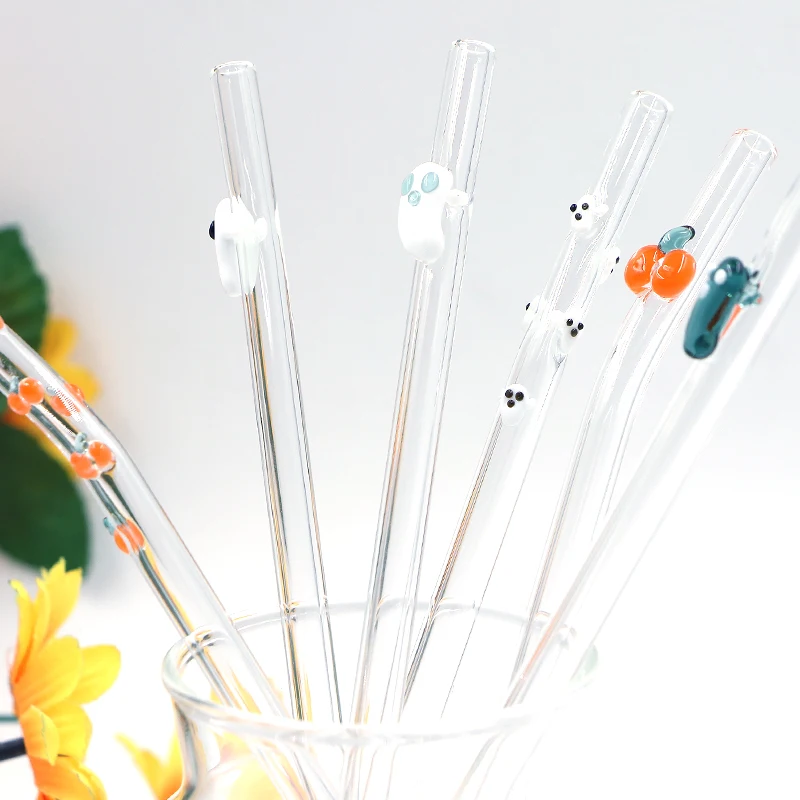 Borosilicate Reusable Halloween Holiday  Glass Straws With Design In Bulk Charm Handblow Drinking Straws