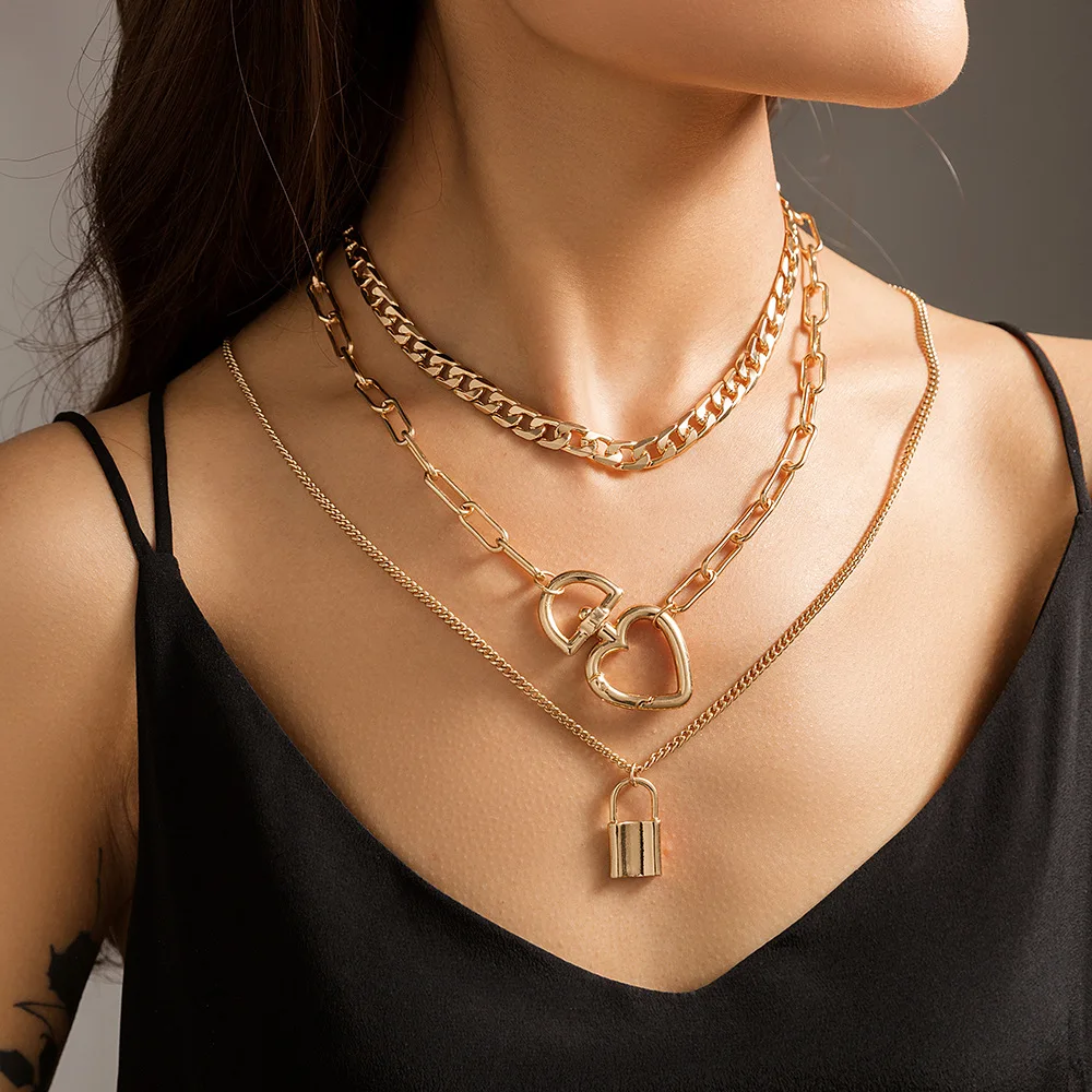 18K Gold Layered Necklaces for Women, Personalized Lock Chain