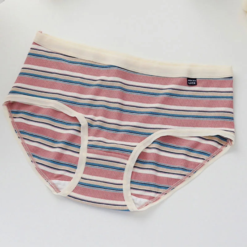 Super Soft High Elastic Color Contrast Stripe Girls Simple rainbow Breathable Mid Waist Women's Briefs