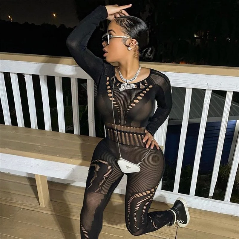 Summer Women's Sexy Beaded Mesh Nightclub Long Sleeve Two-Piece Pants Set  For Women - The Little Connection