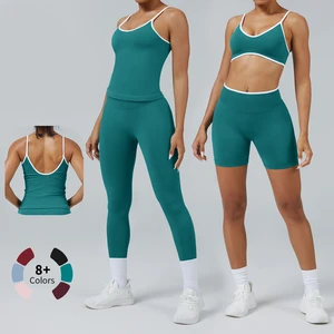 Women's Breathable Seamless Yoga Set 2-Piece Spandex/Nylon Gym Fitness Running Suit White Piping Contrast Color Elastic Waist