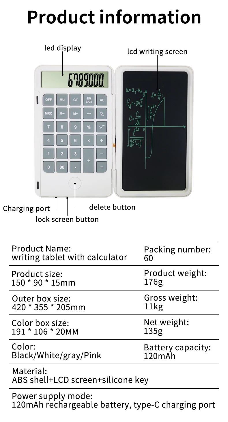 12-Digit Calculator With Writing Tablet Desk Calculator Large Display Basic Office Calculators 6'' LCD Writing Board