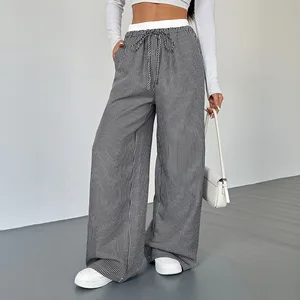 2025 TikTok Women's Casual Straight Leg Pants Hot Autumn New Color Contrast Stitching Stripe Daily All-match Loose Summer
