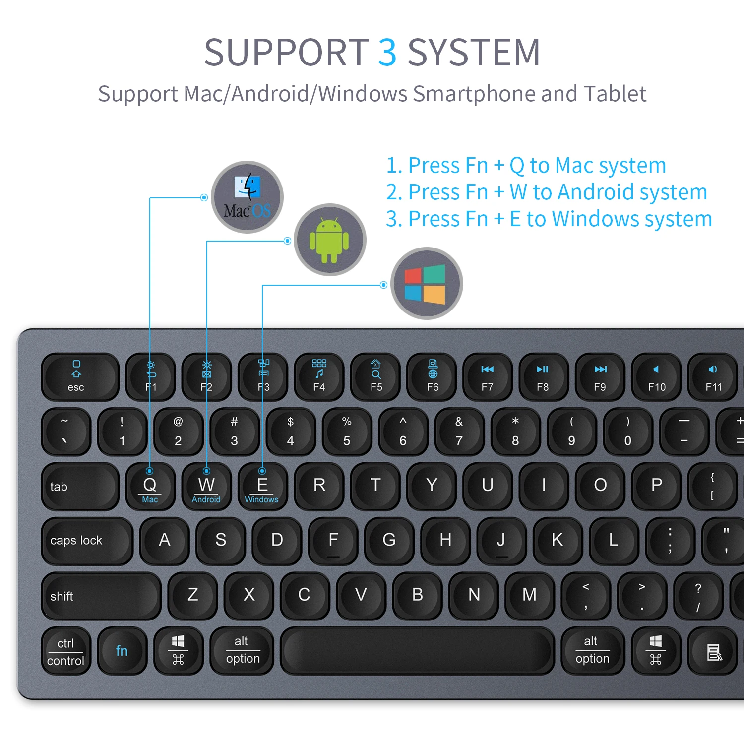 Full Size Aluminum ABS Ducky Multi Device Portable BT Keyboard for