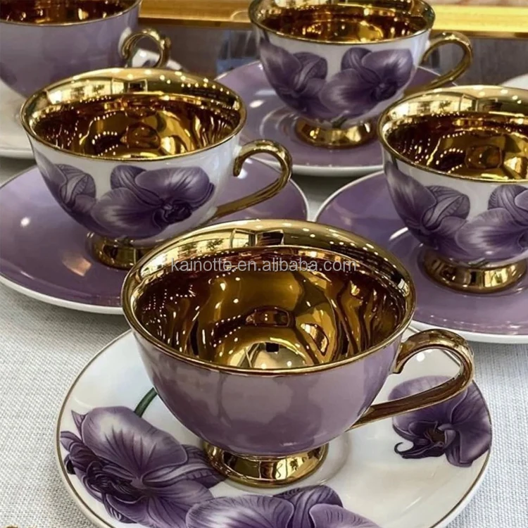 Bulk Set Of 6pcs Orchid Porcelain Fine Bone China Tea Cup And Saucer