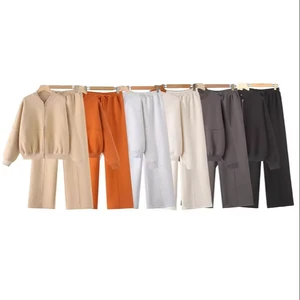 Cross-border Women's Solid Stand Collar Streetwear Explosion Zipper Bomber Jacket Coat Sweater with Elasto Waist Pants Set