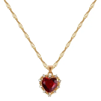 14K Gold Plated Ruby Red Crystal Heart Charm Necklace for Women Girls