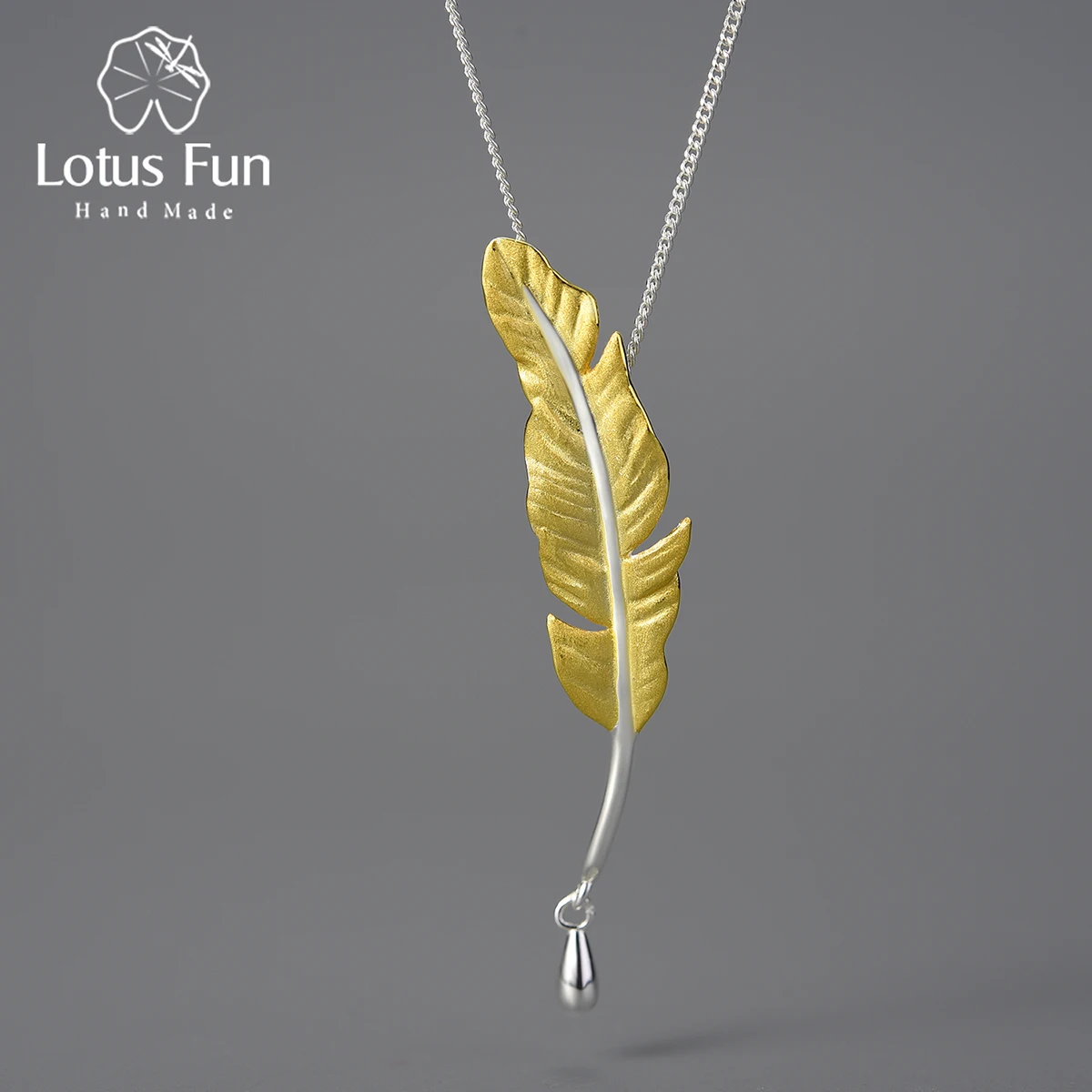 Lotus Fun Handmade 925 Sterling Sliver 18K Gold Plated Exquisite Long Goose  Feather Shape Pendant Necklace Women Fine Jewelry