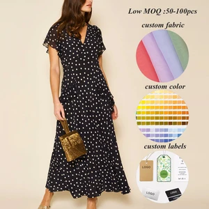 Factory Oem High Quality v Neck Casual Short Sleeve Dresses Custom Polka Dot Print Ruffled Ladies Midi Chiffon Dress