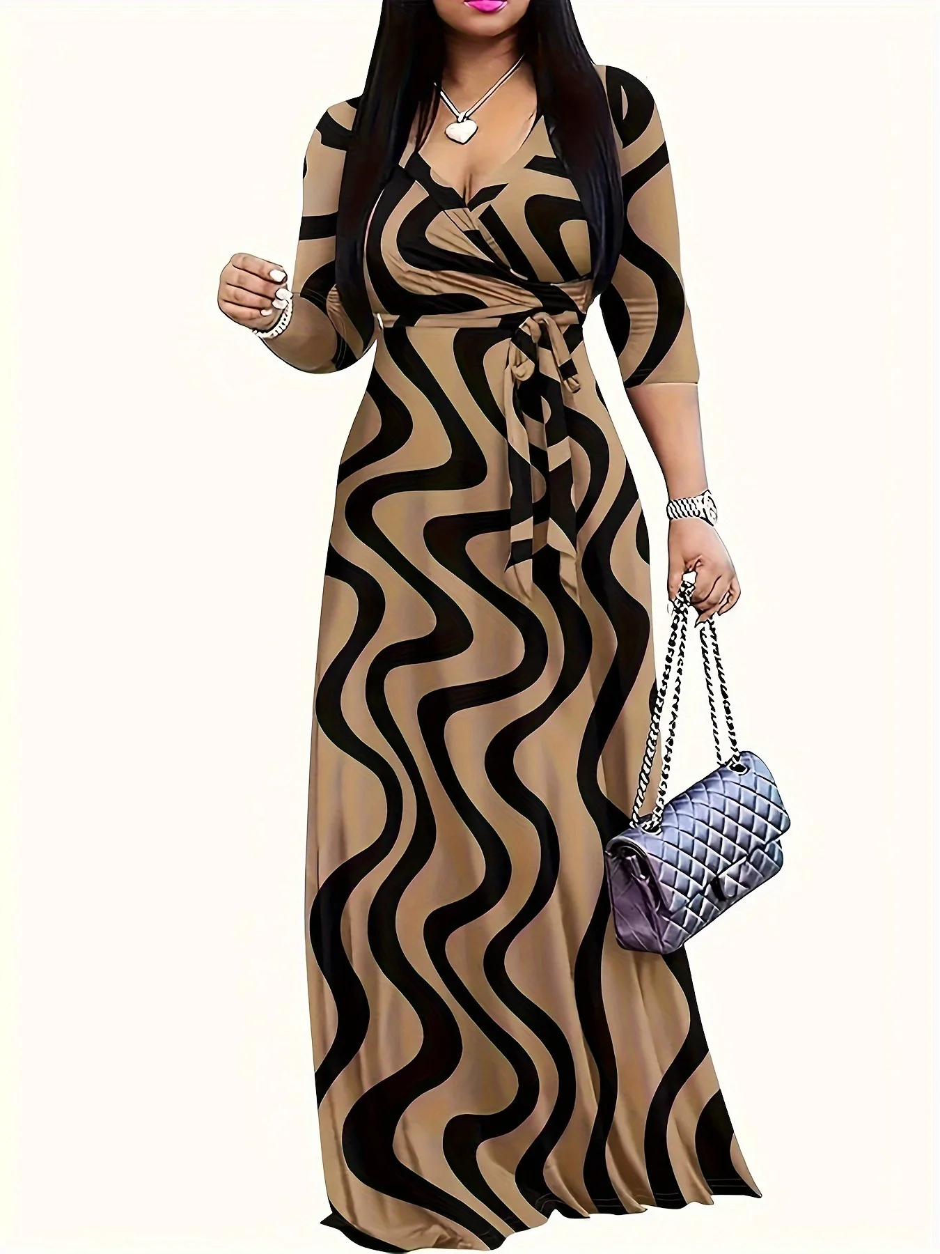 2024 Autumn Trendy Women's Printed Casual V-Neck Maxi Dress Elegant Lace-up Natural Washable Eco-Friendly Long Elegant Dress Hf330d3223a5646c18dd537cce1ecc873E