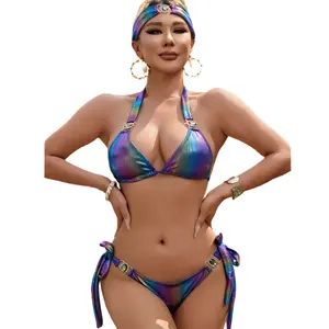 Women's Sexy Three-Piece Rhinestone Bikini Set Shiny Crystal Trim with Halter Top Cheeky Bottom Matching Headband Beachwear