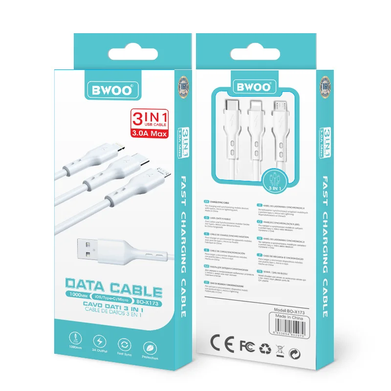 BWOO High Quality Power Only Multi Usb Charger Cable Pvc Material Mobile Phone Universal 3 In1 Usb Charging Cable