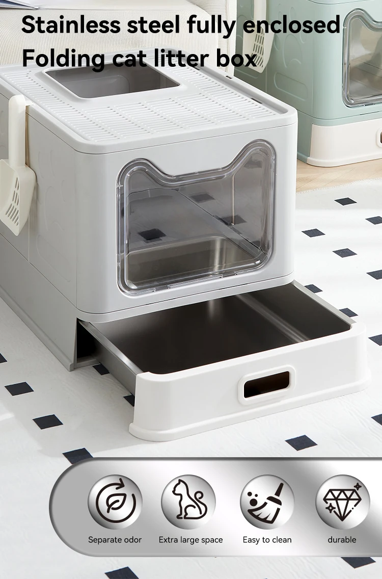 Innovative Collapsible Stainless Steel Cat Litter Box Large Cat Toilet Fully Enclosed Portable Cat Cleaning Supplies details
