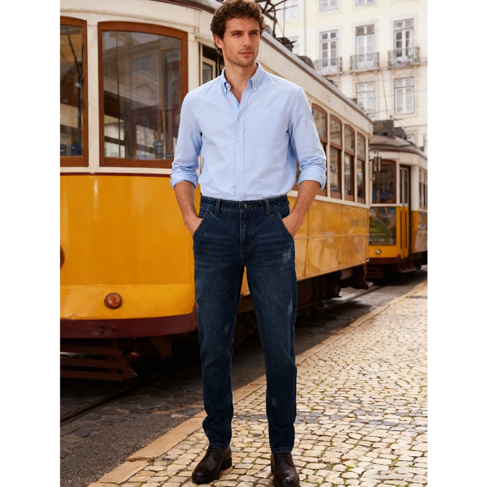 Mens Jeans Slim Fit Business Formal Wear Ripped Basic Denim Jeans Men Pants Fashion Jens Pant Fleece-lined Jeans