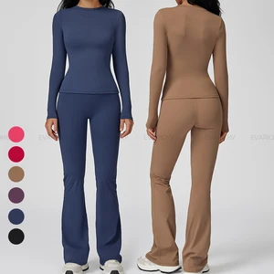 Breathable Stretchable 2 Piece Set Round Neck Long Sleeve T-shirt Flare Leggings Yoga Outfit Gym Fitness Workout Sets for Women