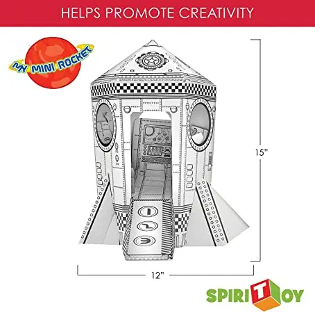 Mini Rocket Ship Cardboard Playhouse for Kids to Color  Create Your Own Indoor Fort, Life Size, Foldable for Easy Storage