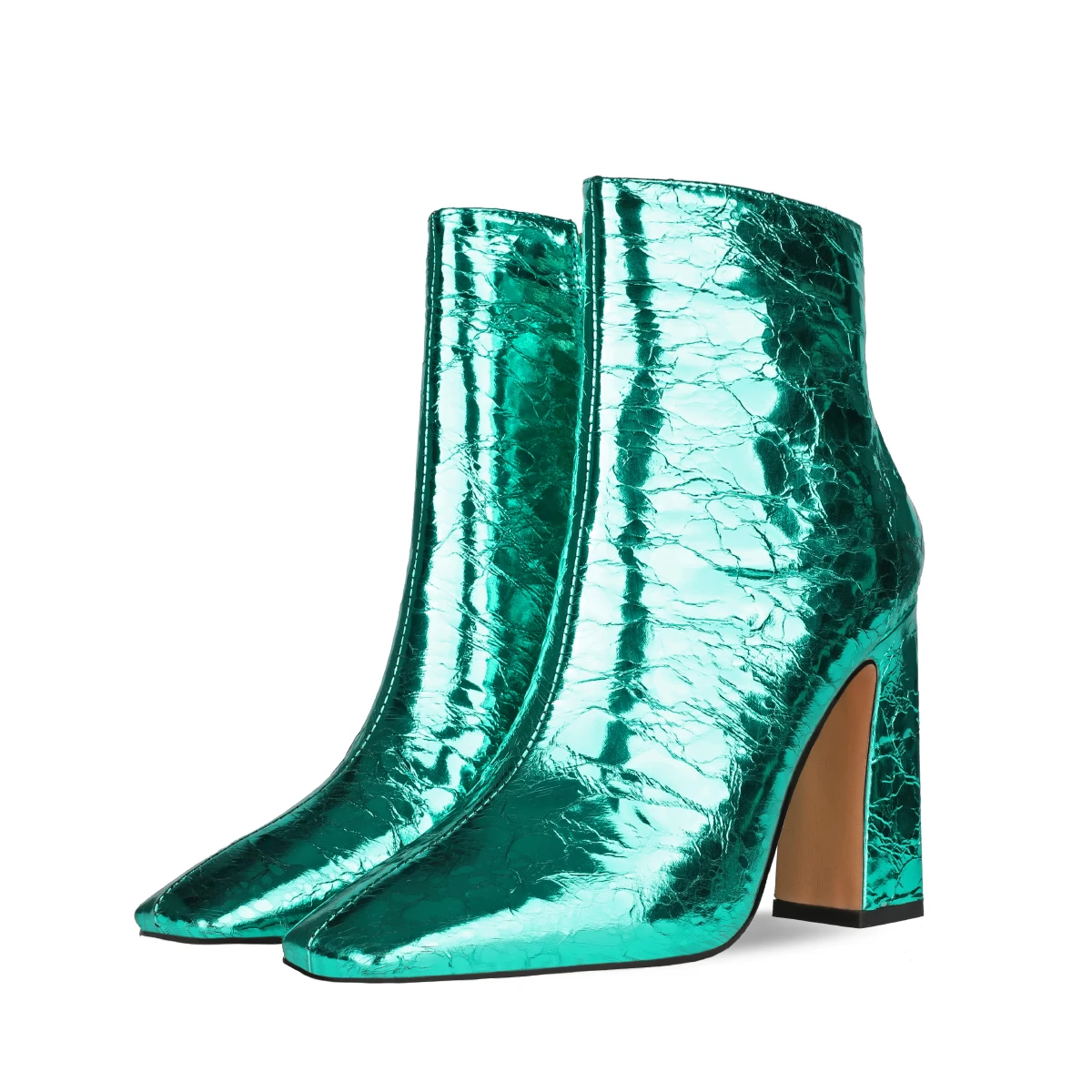 Latest Square Toe Boots Block Heels Winter Shoes for Women Red Metallic Chunky Heels Ladies Ankle Booties