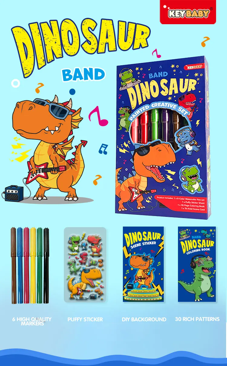 product custom new cognition tri fold dinosaur band creative scene reusable puffy stickers coloring book set for kids student-5
