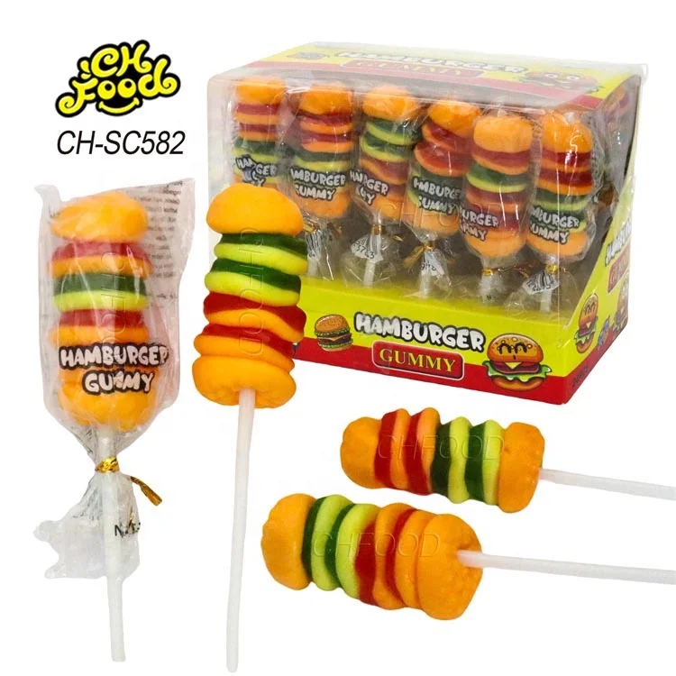 Hot Halal Hamburger Gummy Jelly Lollipop Candy Sweets Wholesale and Custom Children Food Snack