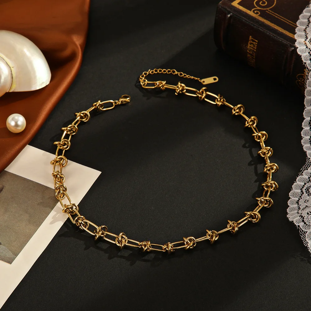 Exaggerated Style 14K Gold Plated Titanium Steel Knotted Link Chain Necklace for Punk Women