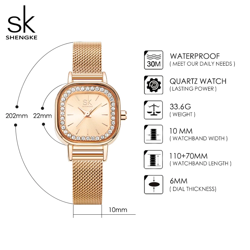 SHENGKE Fashion Square Dial Quartz Watches Women's Luxury Brand Wristwatches Lady Black Stainless Steel Mesh Band Watch Clock