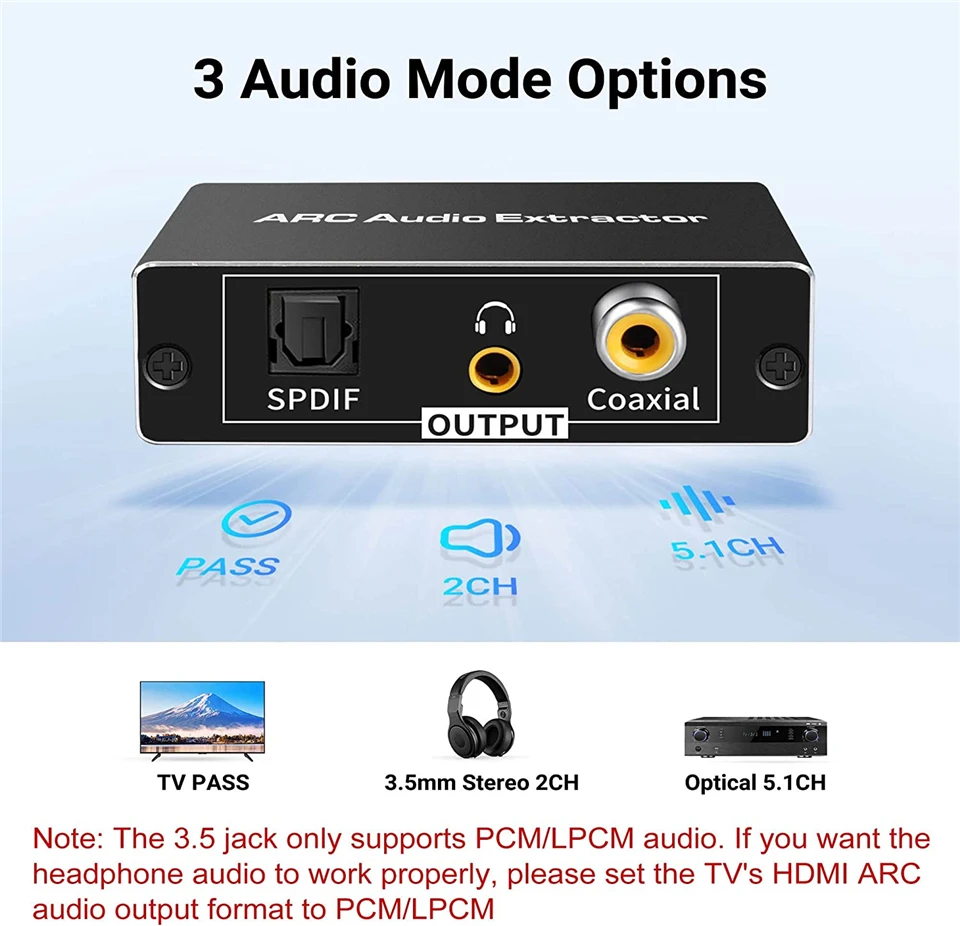 HDMI ARC Audio Extractor 192KHz, USB to Optical Spdif Toslink & 3.5mm Audio  Adapter Converter