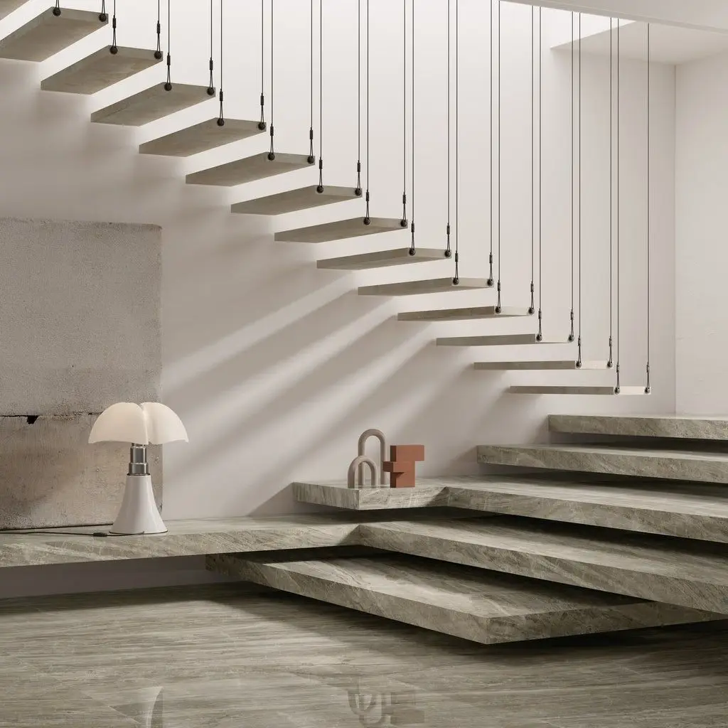 DBM Marble Steps Floating Stairs Metal Structure Cantilever Staircase