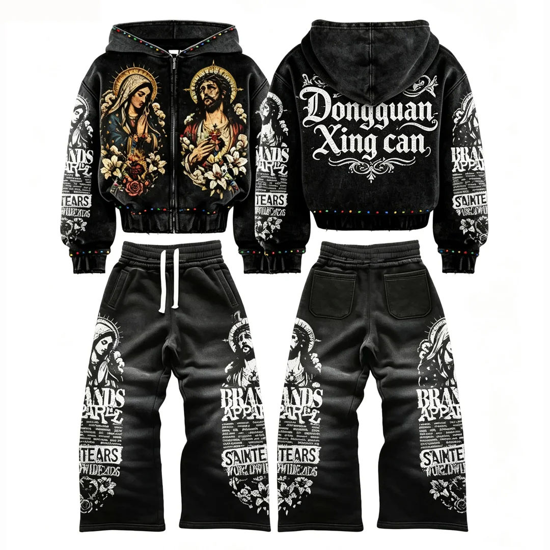Mandlig gotisk high street tostyksdragt i syrefarvet udgave med DTG-print, farvede strasssten og hip hop-stil – tilpasset tracksuit til grossisthandel, 100 % bomuld