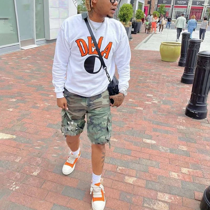 High Street Fashion Elastic Waist Jean Shorts Men Manufacturer Custom Logo Distressed Shorts Denim Camouflage Camo Cargo Shorts gallery 7