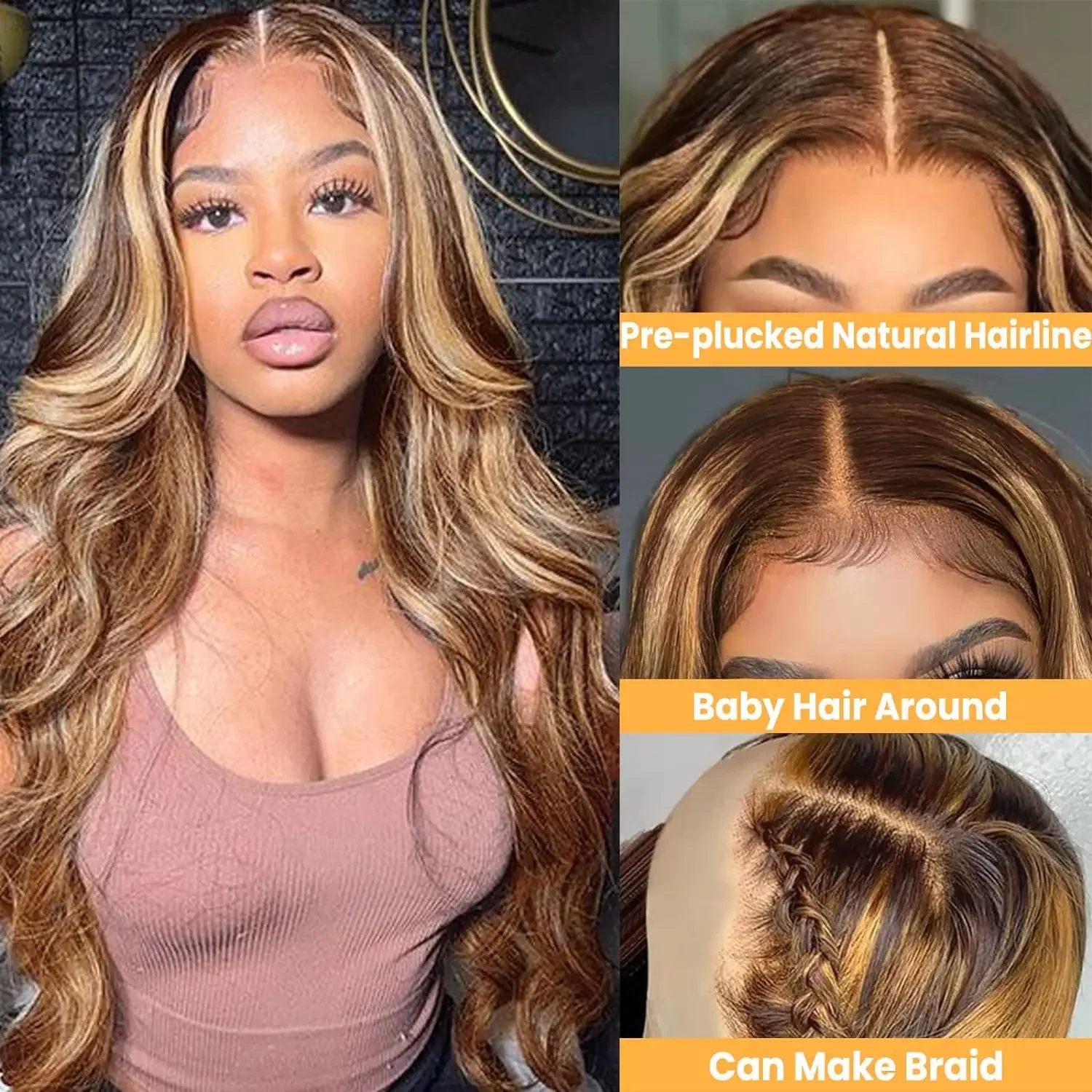 Parrucca frontale in pizzo trasparente con onde del corpo HD 13x4, capelli umani, parrucca frontale in pizzo biondo miele colorato 4/27 per donne, 30 pollici_voghion.com