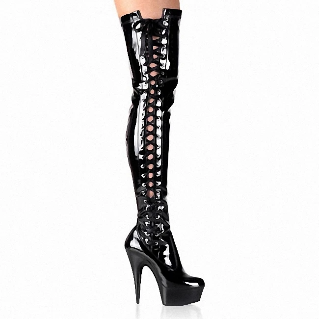 15cm High Heel Thick Baking Paint Hollow Lace Up Over The Knee Boots 6 ...