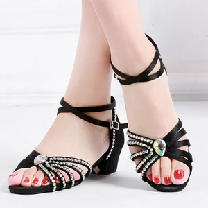 Rhinestone Girls Latin Dance Shoes Salsa Sandals 3.5cm Ladies Modern Tango Dancing Children Kids Ballroom Tango Salsa