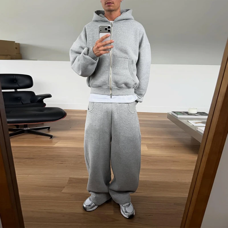Custom Tracksuit Men Cropped Zip up Hoodie Ultra Baggy Sweatpants Set Wide Leg Joggers Streetwear Boxy Fit Grey Tech Fleece Set