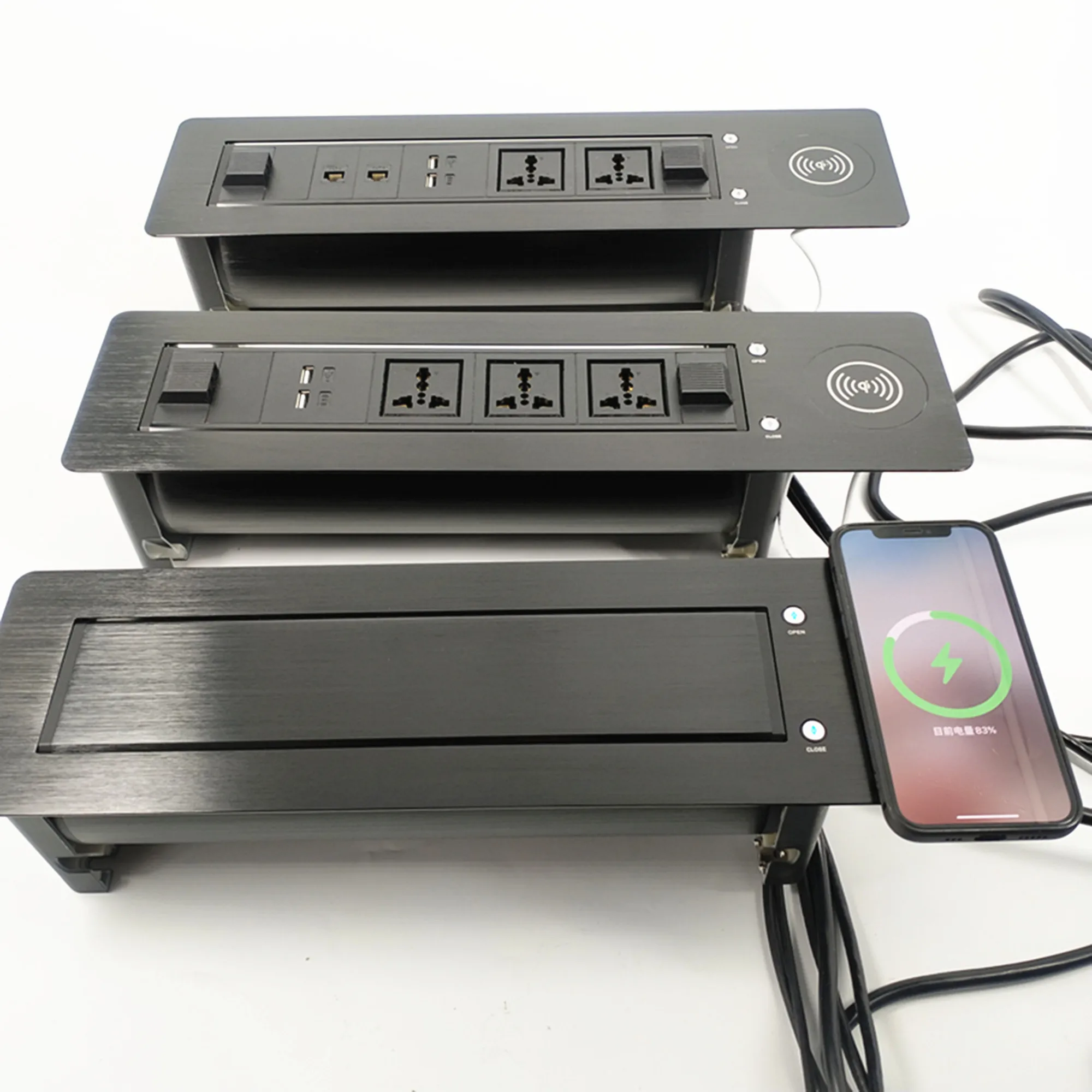 Table Hidden Desktop Rotating Cable Cubby Electrical Socket Panel Motorized Flip Tabletop Socket with Fast Wireless Charger