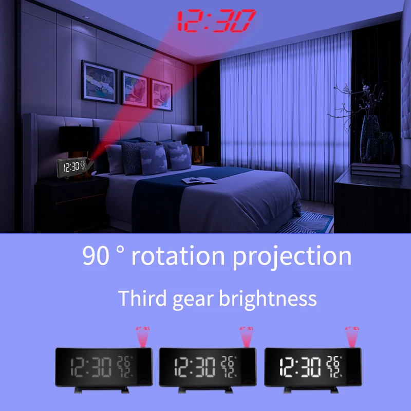 Digital Curve Led Projection Radio Alarm Clock Three Display Colors Desktop Temperature Clock for Bedroom
