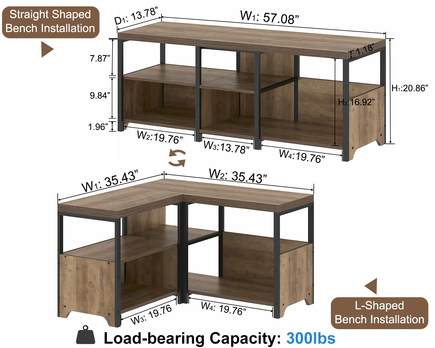 Rustic Corner Convertible Storage Bench Wooden Metal L Shaped Table Bench Shoe Bench for Home