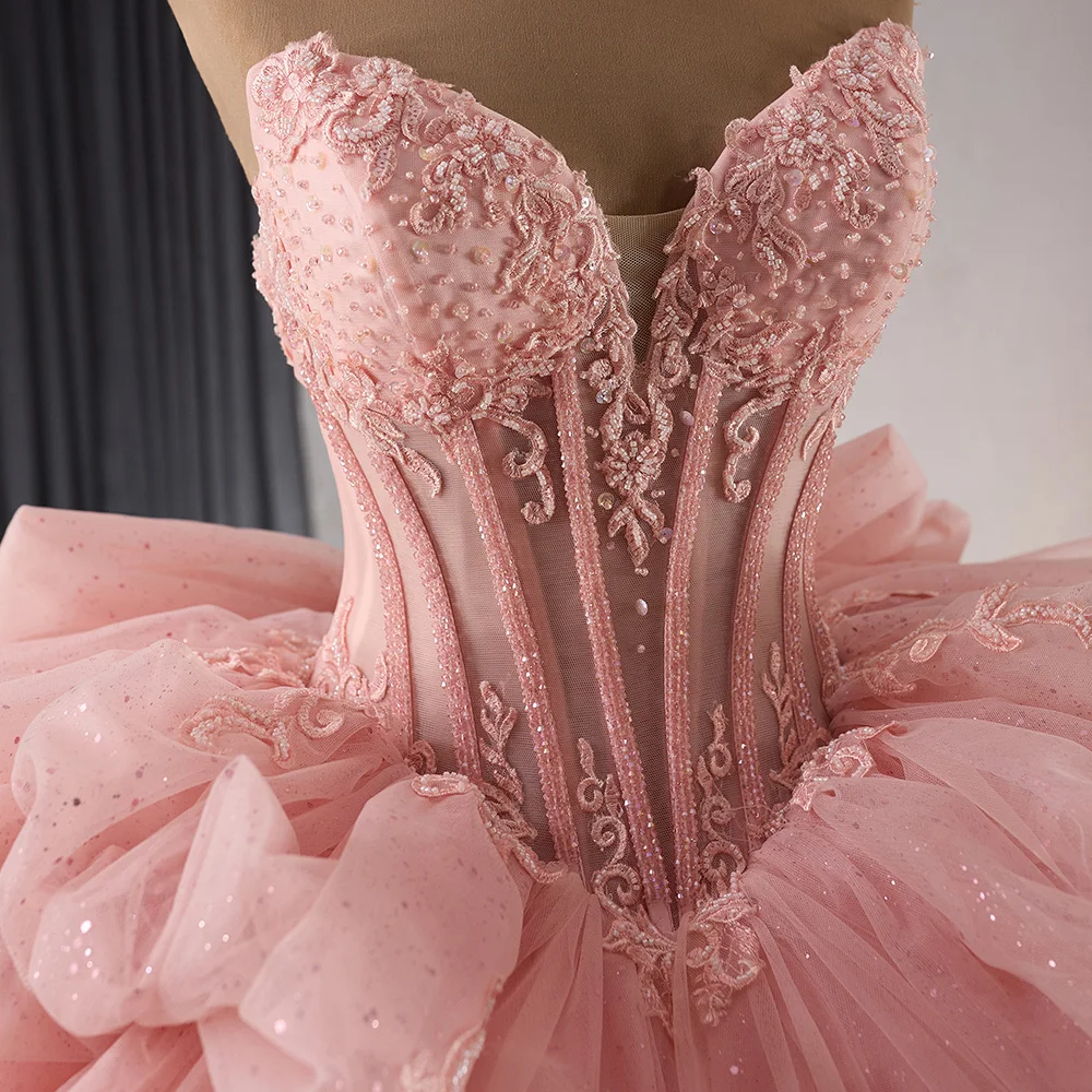 pink 16th birthday dress Pink Ball Gown Strapless Corset Layered Organza Prom Dress 16th Birthday  Dress SH4088
