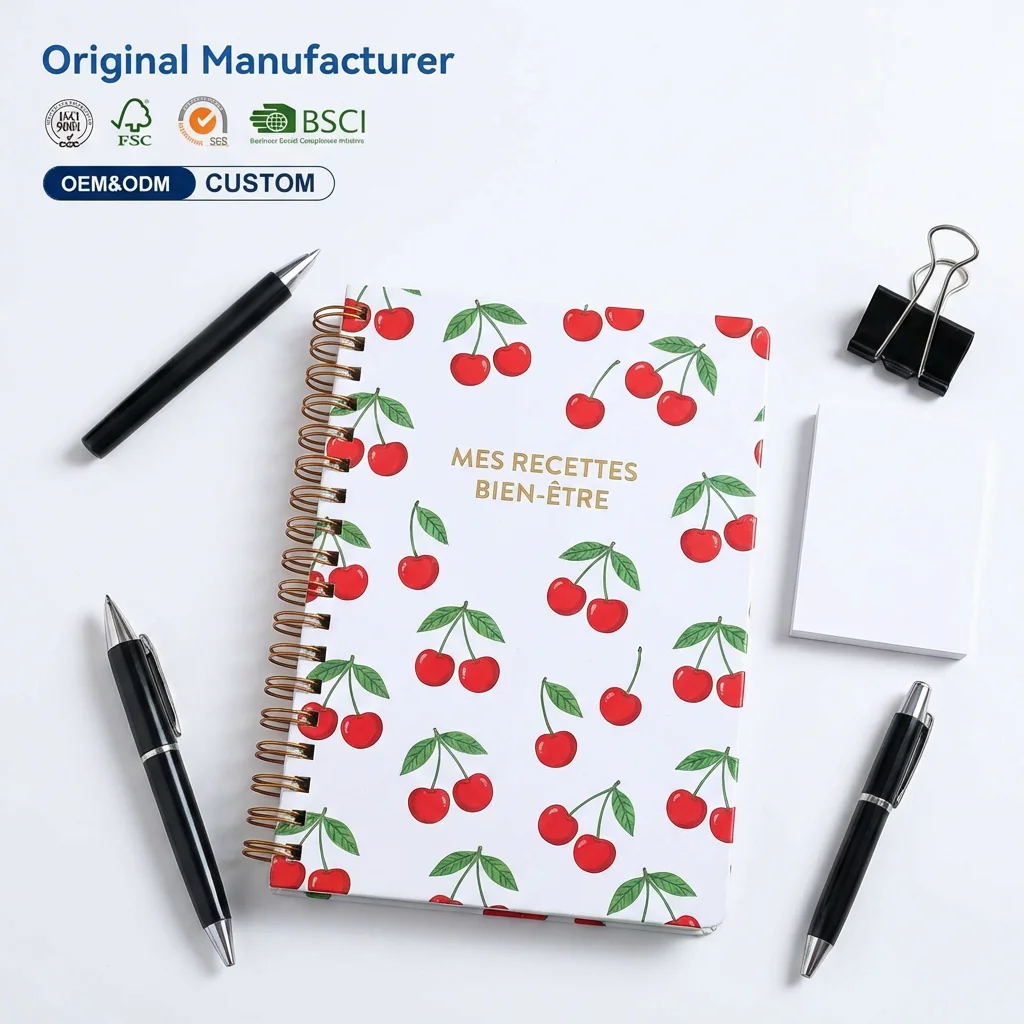 Cherry Pattern Notebook A5 Journal Stationery Diary for Recipe Cooking Notes School Supply with Spiral Bound