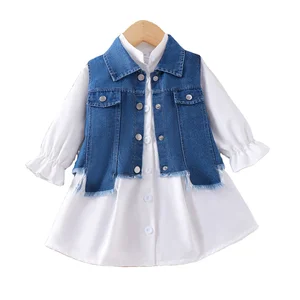 2026 Fall New Design Children Clothing High Quality Wholesale Denim Vest Solid Color Dress 2Pcs Clothes for Kids Girls