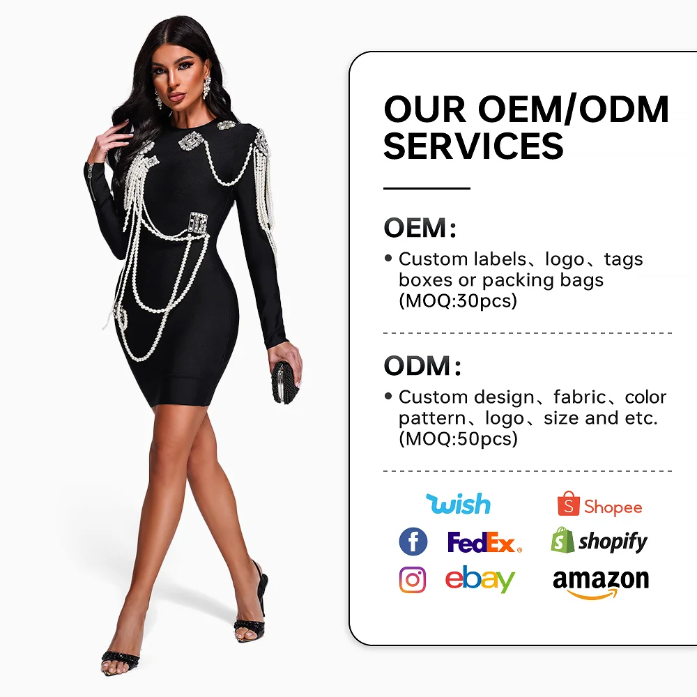 New Autumn Fall Vintage Long Sleeved Mini Bodycon Black Bandage Pearl  Beaded Cocktail Birthday Party Casual Dress Women Elegant