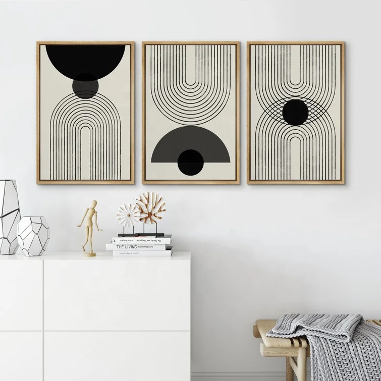 JIEKAI " Mid Century Modern Abstract Wall Art Black Semi-Circle an Line Parabola Framed Art " 3 - Pieces Wall Art