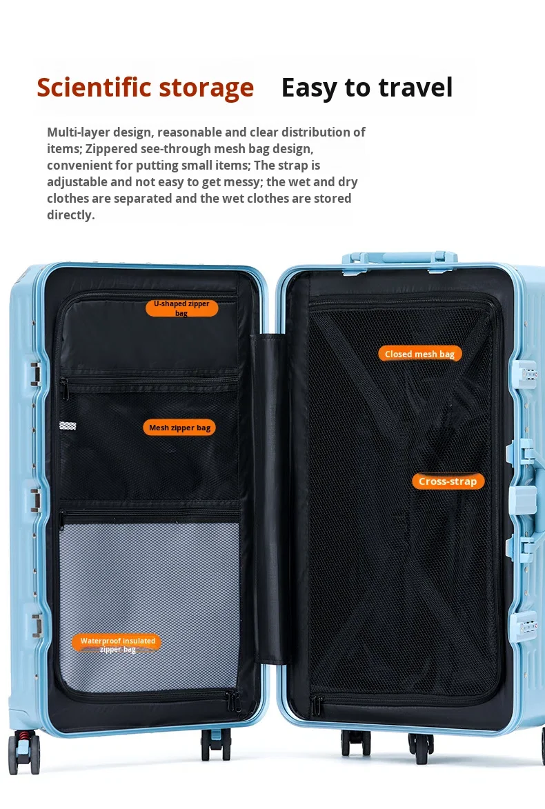 product aluminum frame luggage abspc hard shell travel case frosted anti scratch surface folding cup holder usb tsa lock suitcase-16