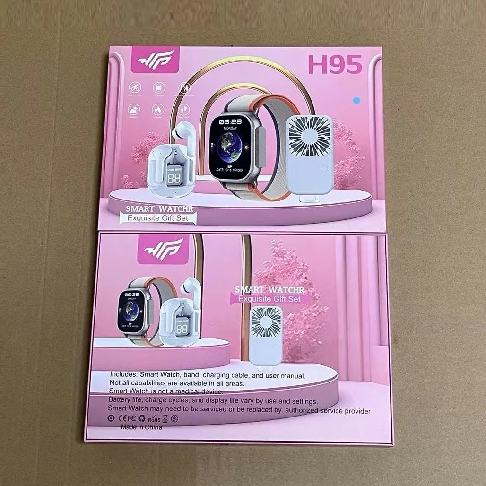 2026 Cheap Price H95 Smart Watch 7in1 Combo Set with Silica Gel Band IP67 Waterproof TWS Earphone Portable Fan Calendar Function
