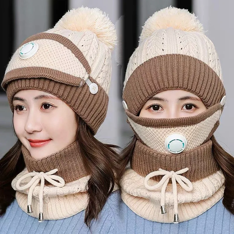 Womens Earmuffs Scarf Hat Flocking Thermal Cycling Warm Winter Scarf Hat  Knitting Winter Scarf Hat Cool Hats for