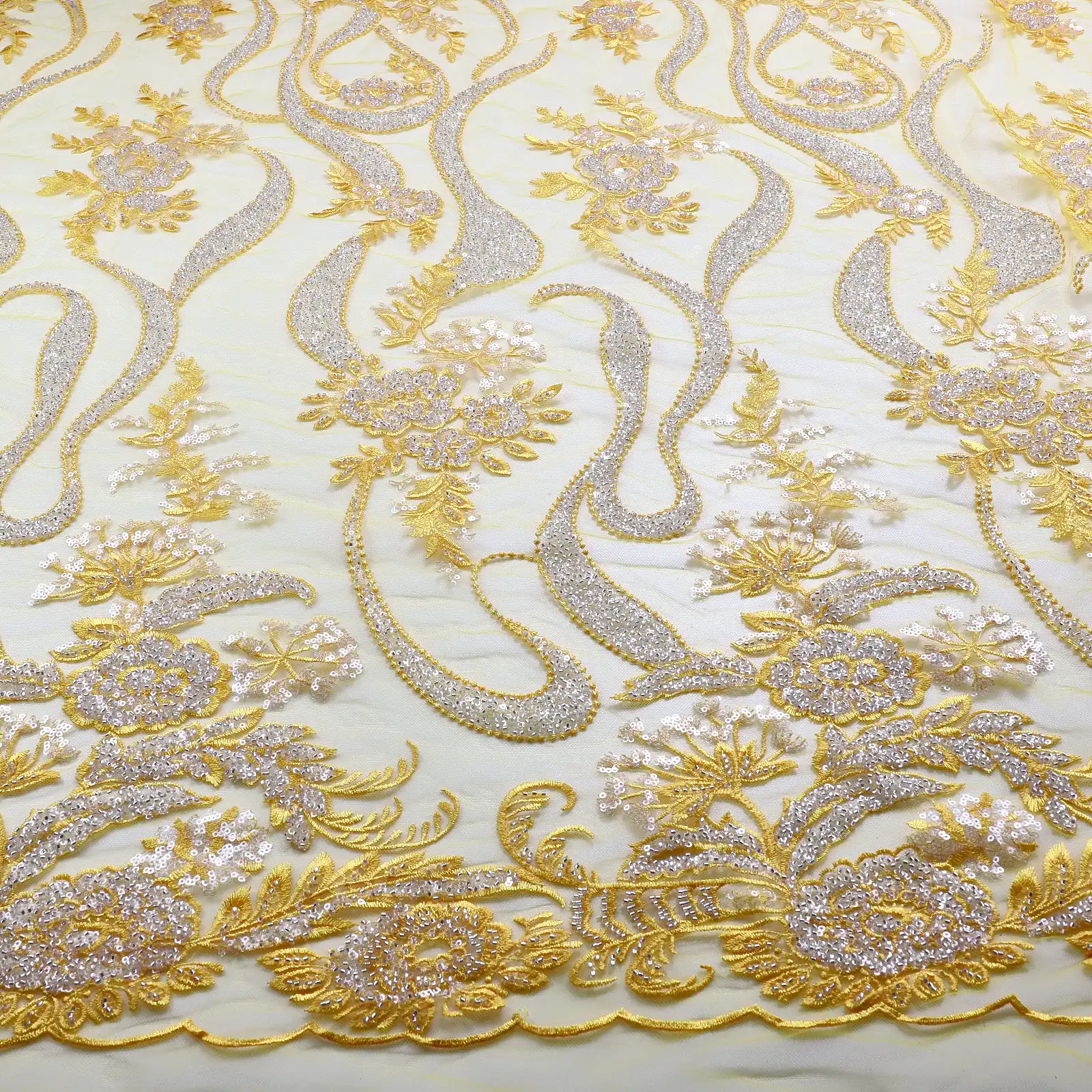 Supoo  Yellow Bridal Beads Lace Net Fabrics With Shiny Sequins for European Style Dress