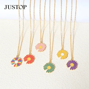 18K Gold Stainless Steel PVD Colorful Flower Charm Necklace Lobster Claw Clasp Cute Style Brass Pendant Multi-Color Bulk Fashion