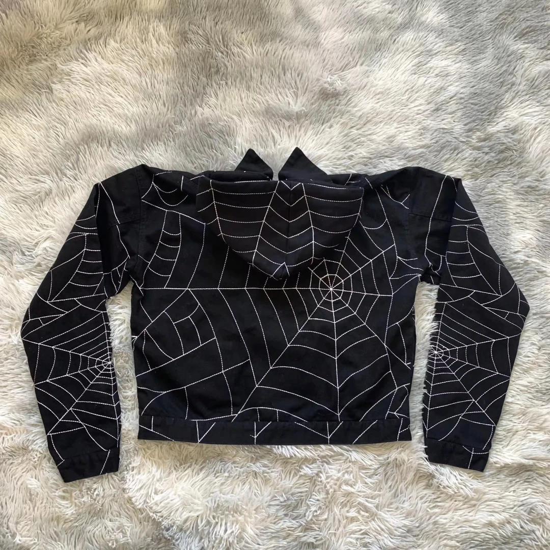 国内で当店のみ DND4DES - Distressed Spider Web Embroidered DENIMGUYS Custom Spider Web Embroidery Hoodies for Men