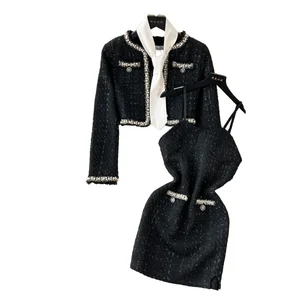 Customize French-Style Elegant Two-Piece Casual Set Solid Pattern Tweed Short Coat Button Decoration Fashionable Camisole Dress